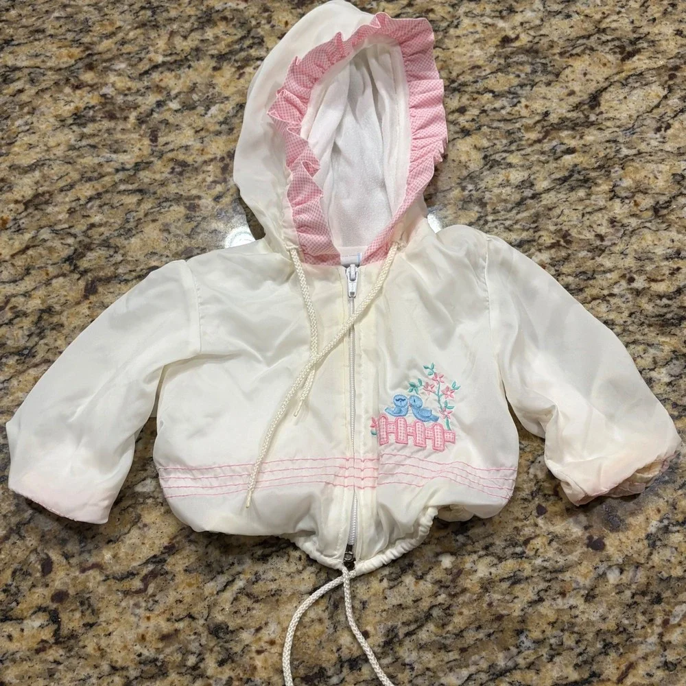 Vintage Baby Girl White Pink Ruffle Bird Windbreaker Jacket Hooded 6-9 Months